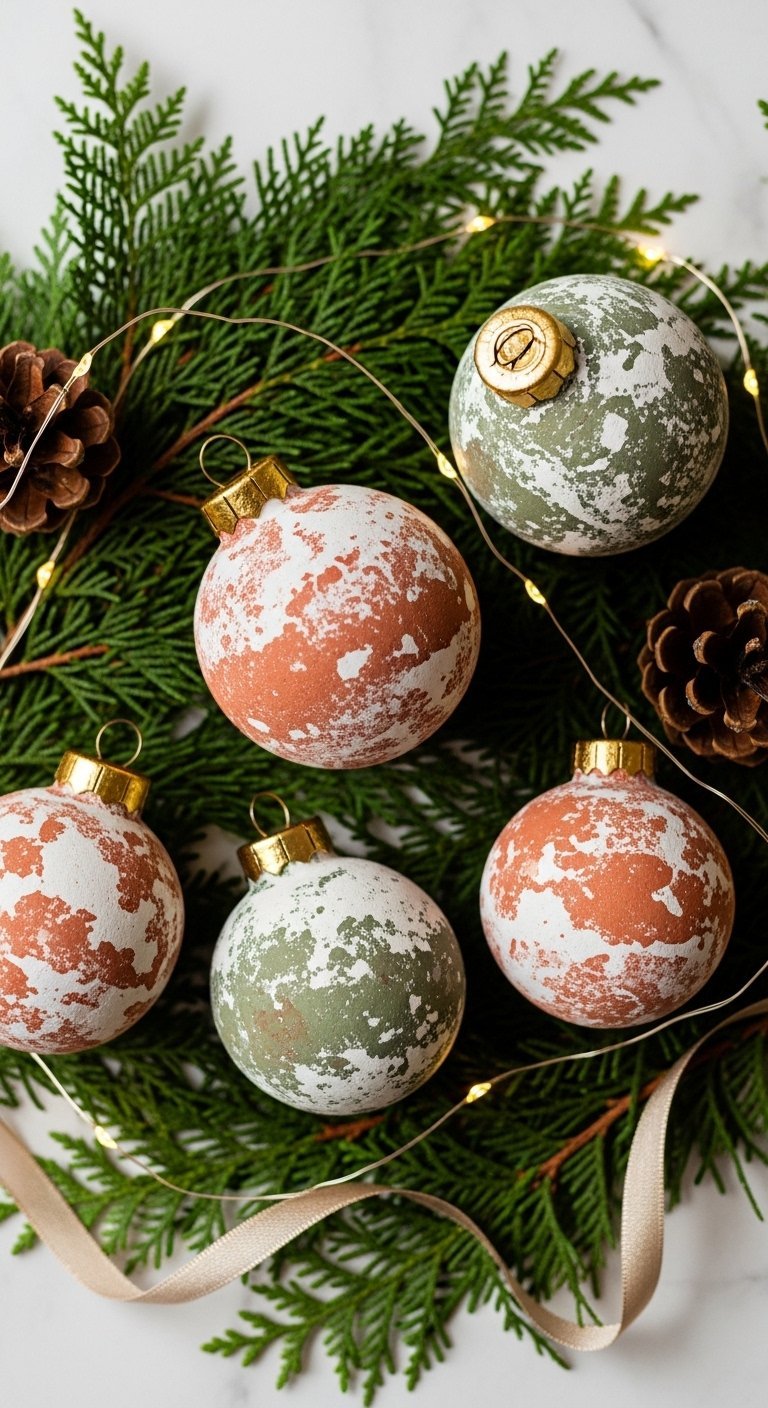 Boules de Noël texturées orange et vertes sur des branches de sapin