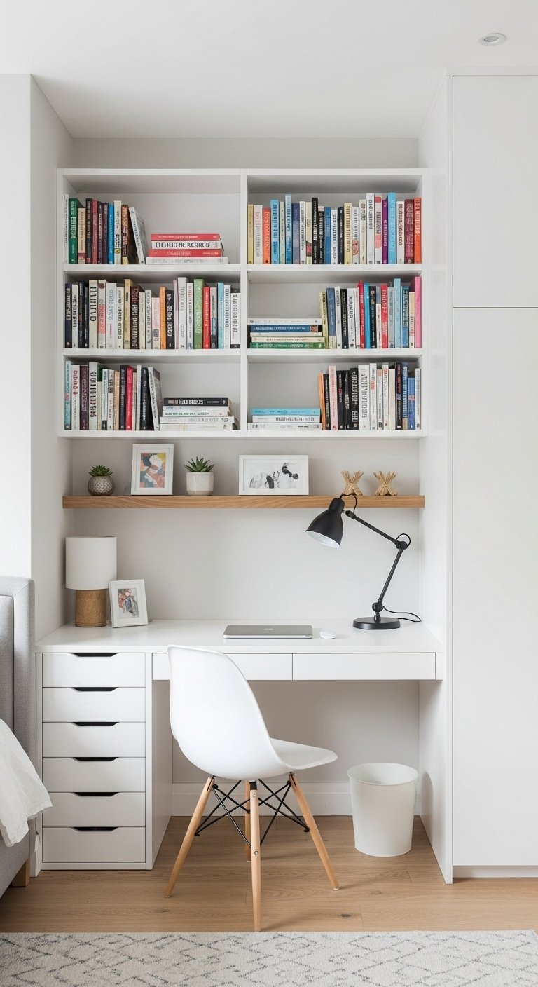 Bureau blanc intégré dans une grande bibliothèque murale blanche