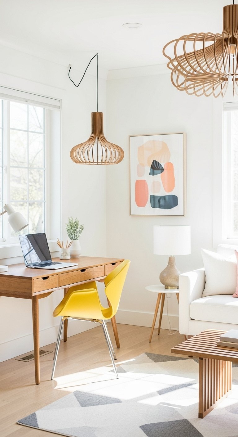 Bureau en bois de style Mid Century avec une chaise jaune vif et une suspension design