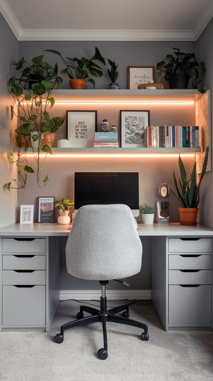 Bureau gris moderne avec éclairage LED sous des étagères avec des plantes