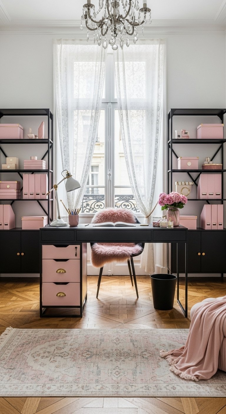 Bureau noir et rose avec des boîtes de rangement assorties