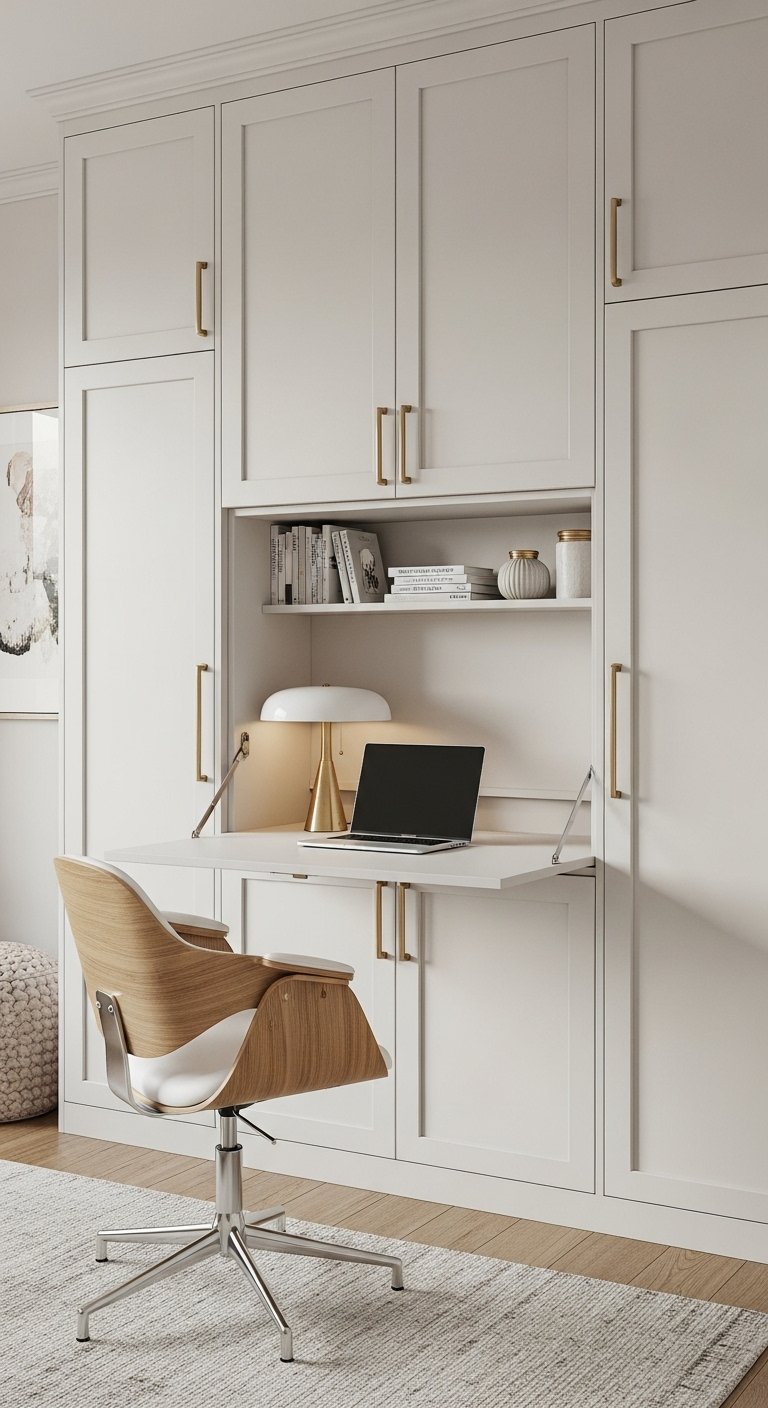Bureau rabattable blanc intégré dans une armoire avec poignées dorées