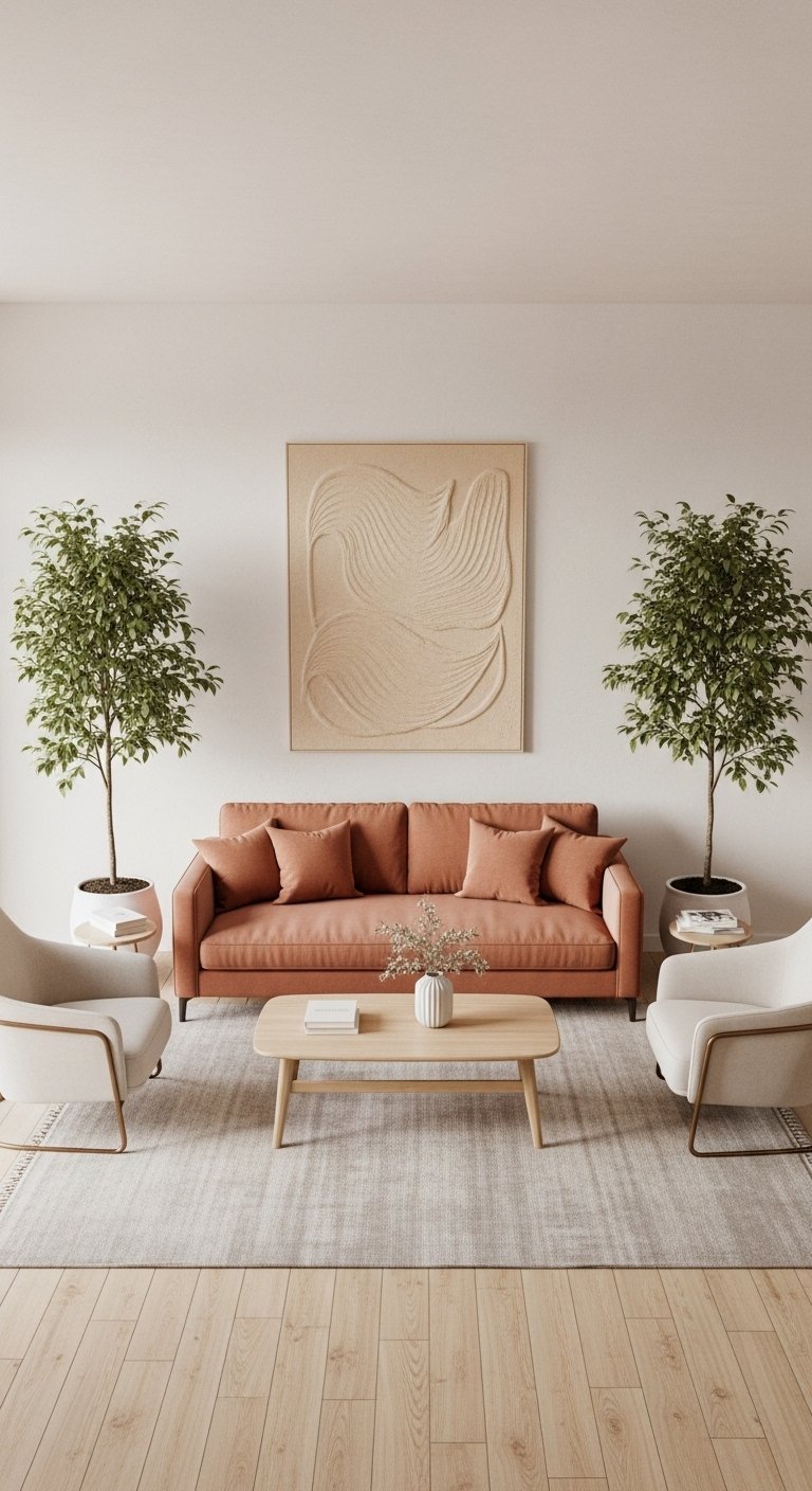 Canape terracotta dans un salon minimaliste avec des murs blancs