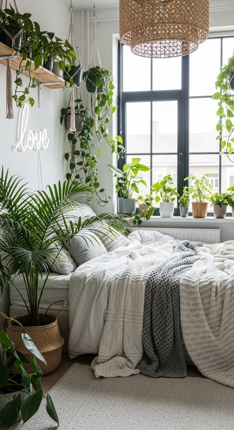 Chambre de style jungle urbaine avec néon love et plantes suspendues