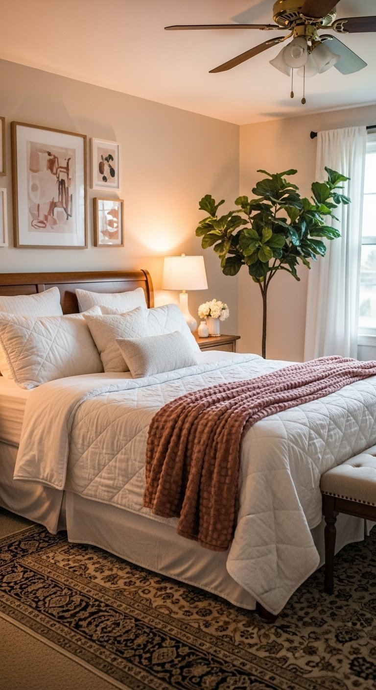 Chambre neutre avec mur de cadres et plaid rose poudre