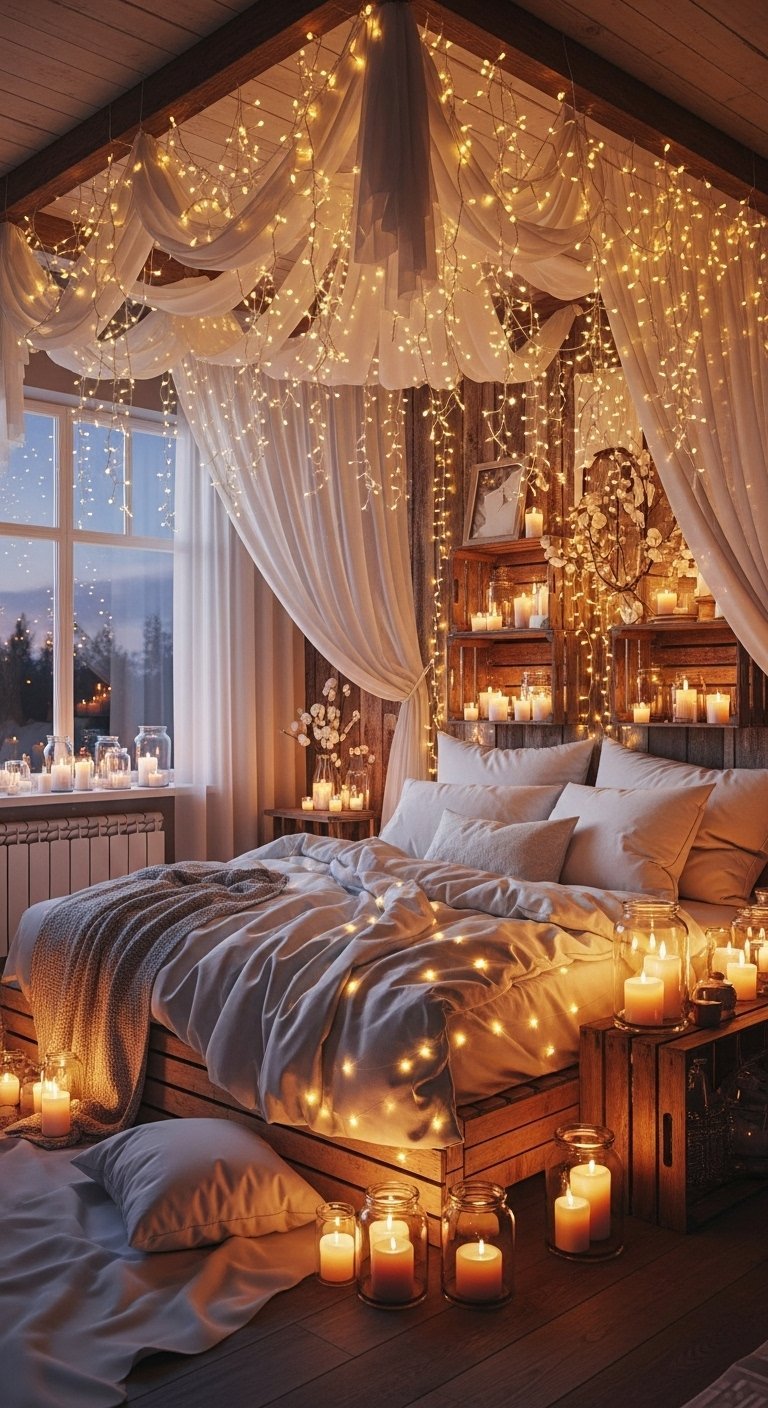 Chambre romantique remplie de guirlandes lumineuses et de bougies