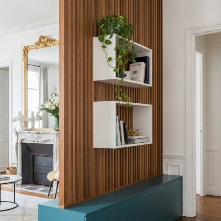 Claustra en bois foncé avec meuble bas bleu et étagères blanches