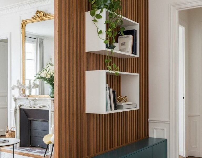Claustra en bois foncé avec meuble bas bleu et étagères blanches