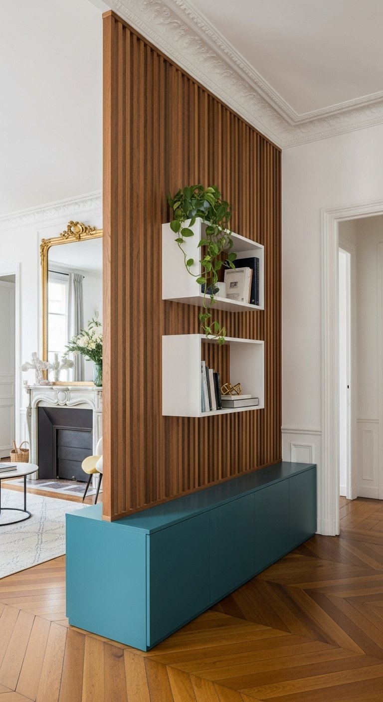 Claustra en bois foncé avec meuble bas bleu et étagères blanches