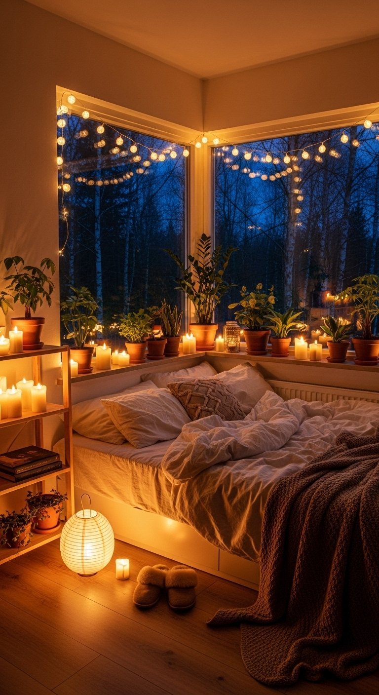 Coin chambre confortable avec des fenetres d angle illuminees par des bougies et des plantes