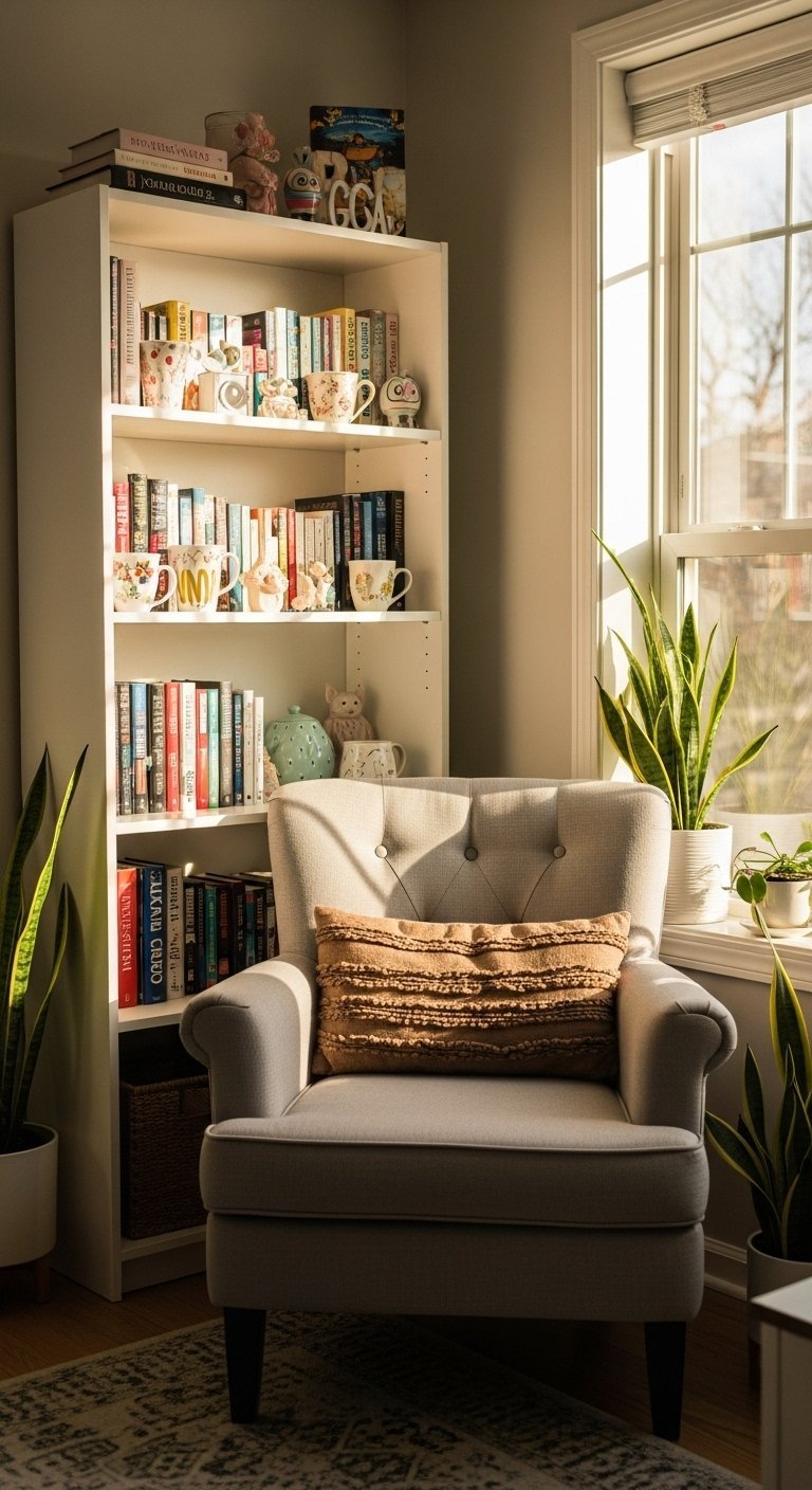 Coin lecture avec fauteuil gris et bibliotheque blanche pres dune fenetre