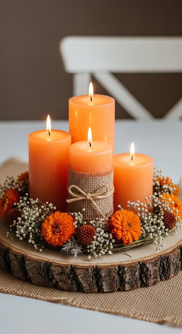 Composition de bougies orange sur un rondin de bois avec des fleurs séchées