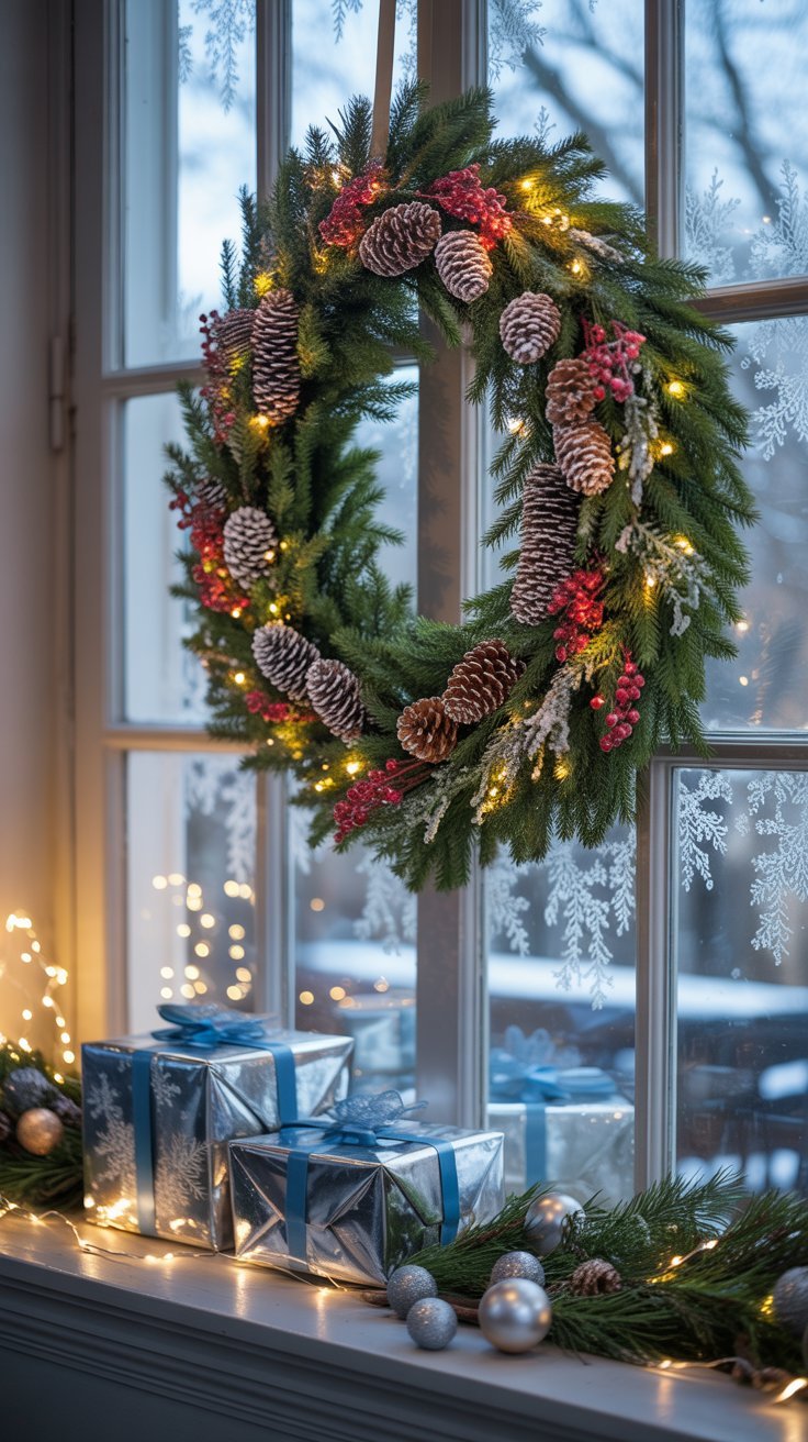 Couronne de noel sur une fenetre avec des cadeaux sur le rebord
