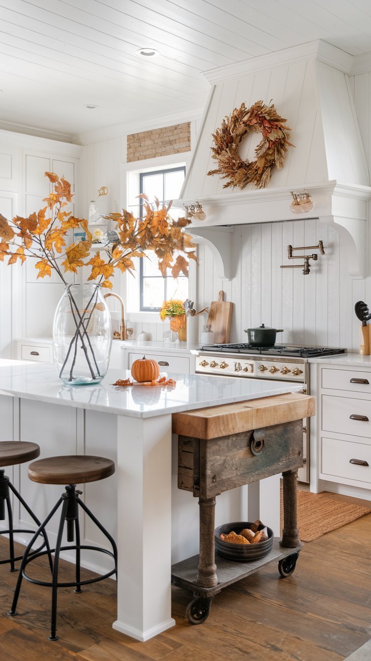 Cuisine blanche avec décoration d automne et billot de boucher mobile