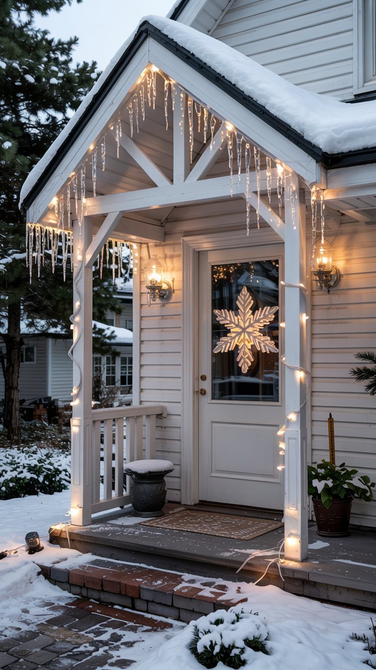 Entree de maison blanche avec des stalactites lumineuses sur le toit