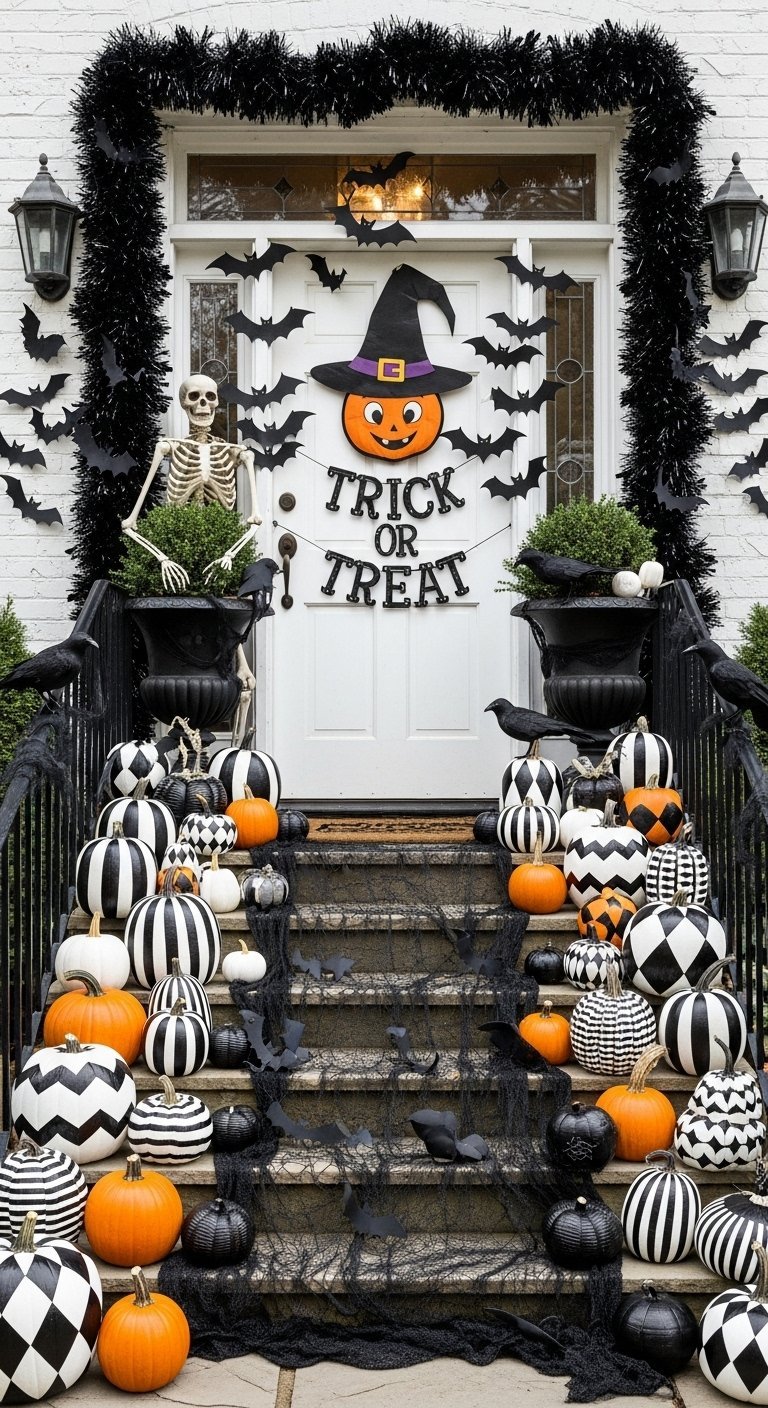 Escalier décoré de citrouilles à motifs noirs et blancs
