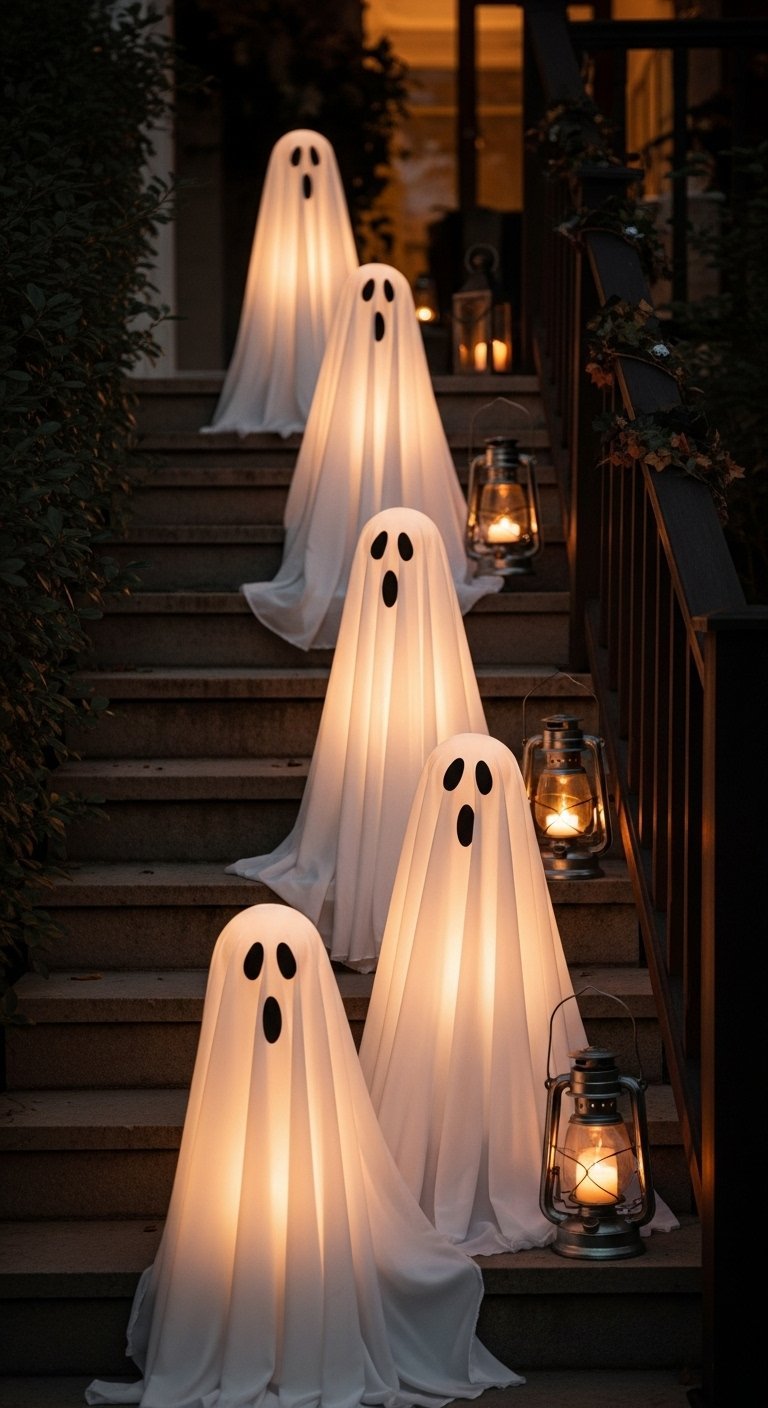 Fantômes lumineux alignés sur un escalier extérieur la nuit