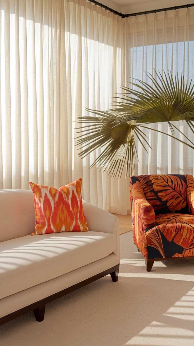 Fauteuil à motifs tropicaux à côté d un canapé beige avec coussin orange