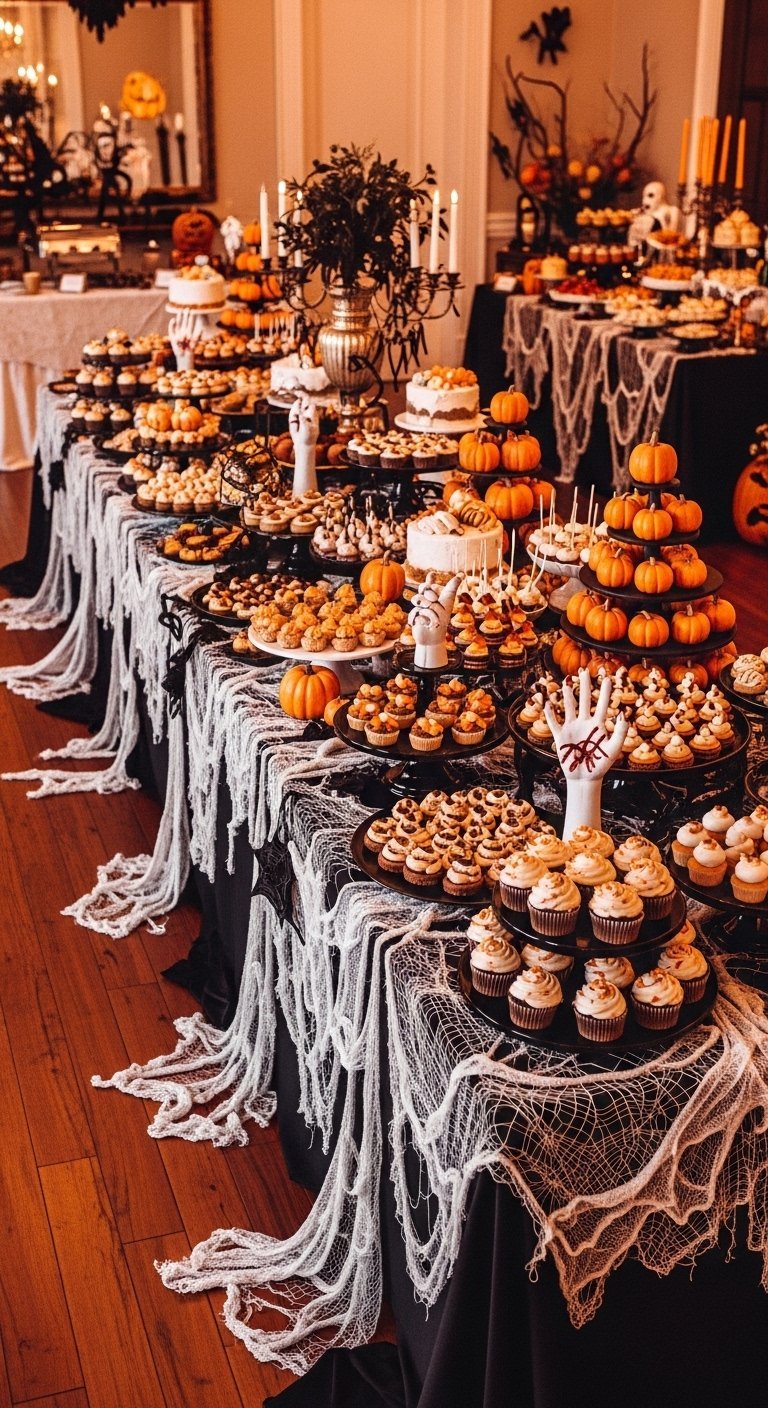 Grand buffet de desserts d halloween avec toiles d araignee et cupcakes