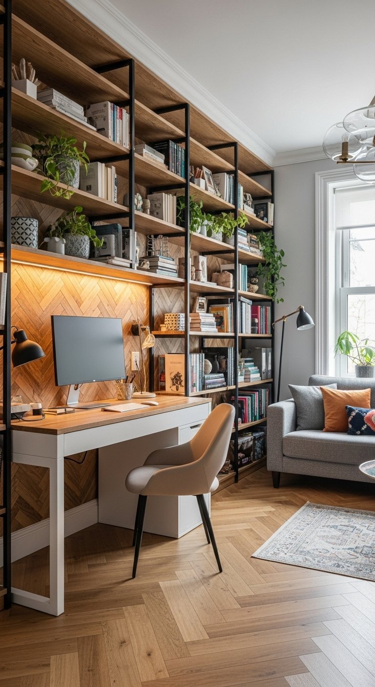 Grande bibliotheque en bois avec bureau integre et chaise beige dans un salon