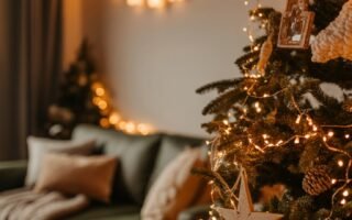 Gros plan sur une décoration de Noël en bois en forme d étoile sur un sapin illuminé