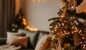 Gros plan sur une décoration de Noël en bois en forme d étoile sur un sapin illuminé