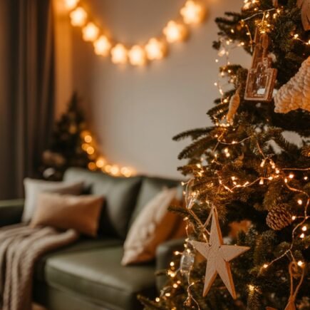 Gros plan sur une décoration de Noël en bois en forme d étoile sur un sapin illuminé