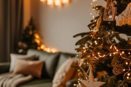 Gros plan sur une décoration de Noël en bois en forme d étoile sur un sapin illuminé