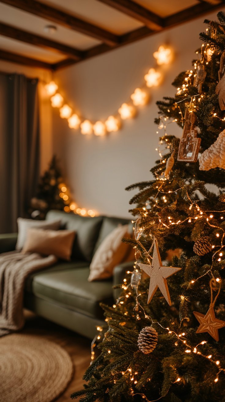 Gros plan sur une décoration de Noël en bois en forme d étoile sur un sapin illuminé