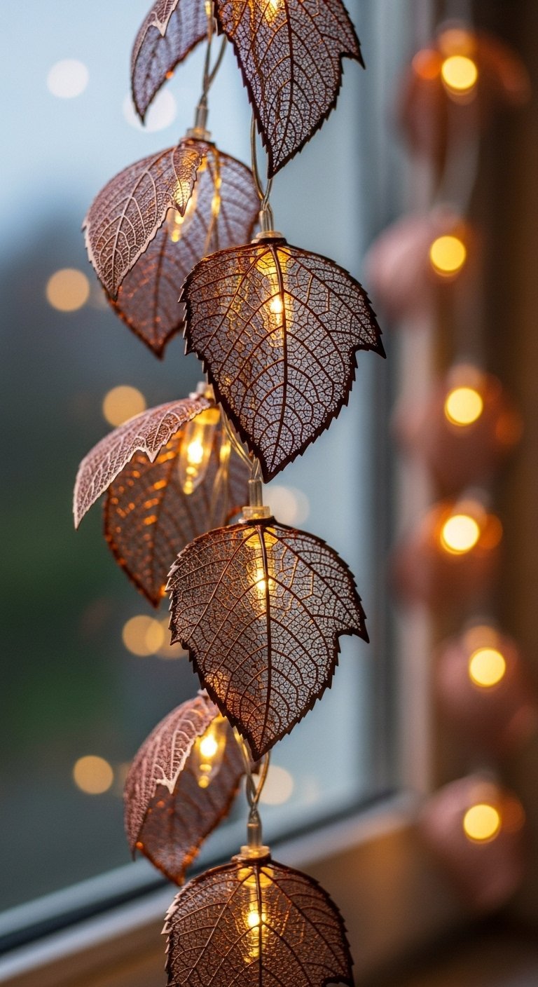 Gros plan sur une guirlande lumineuse décorative en forme de feuilles de métal