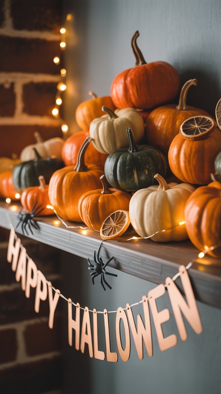 Manteau de cheminée décoré de citrouilles et d une guirlande lumineuse Happy Halloween