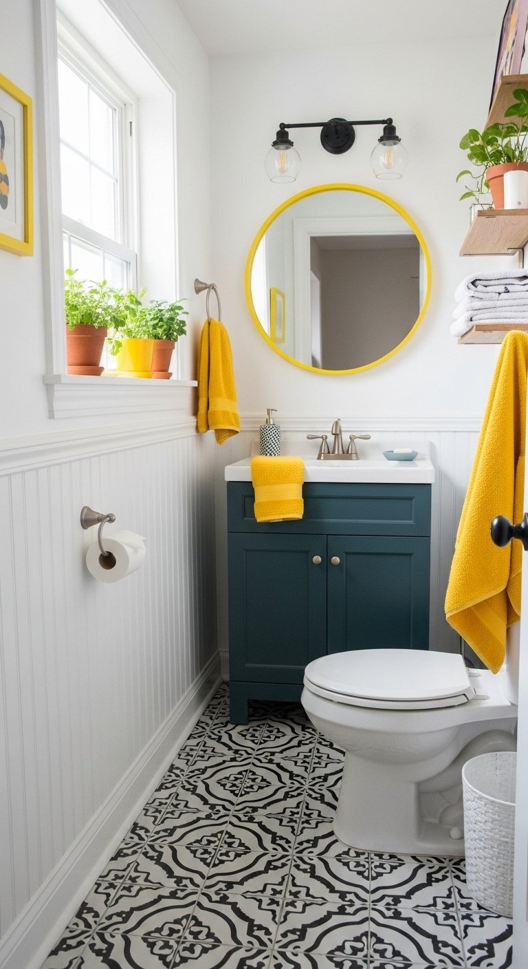 Meuble bleu canard avec miroir et serviettes jaunes