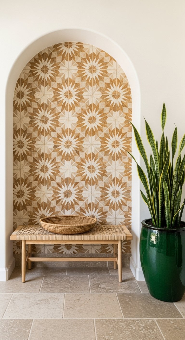Niche murale avec carrelage à motifs et banc en fibres tressées