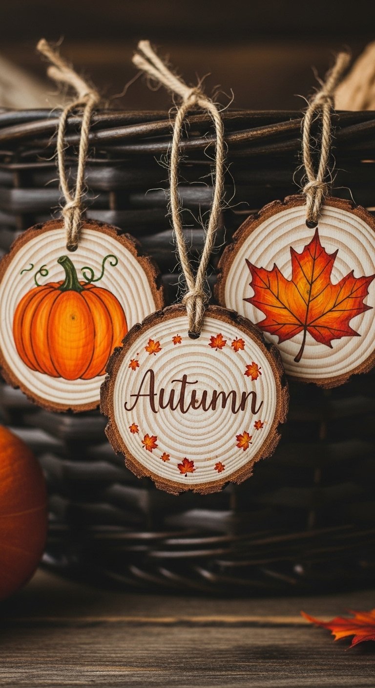 Ornements décoratifs d automne peints sur des tranches de bois
