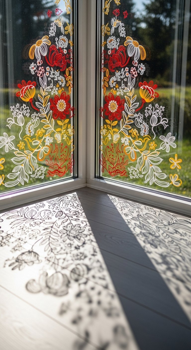 Peinture de motifs floraux dautomne sur une fenetre dangle