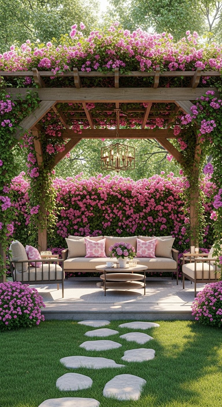 Pergola en bois recouverte de bougainvilliers roses