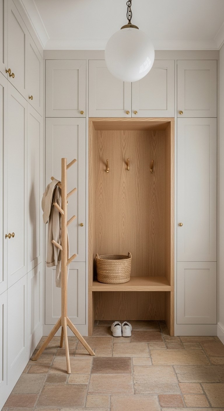 Placard entree couleur creme avec niche en bois de chene et banc