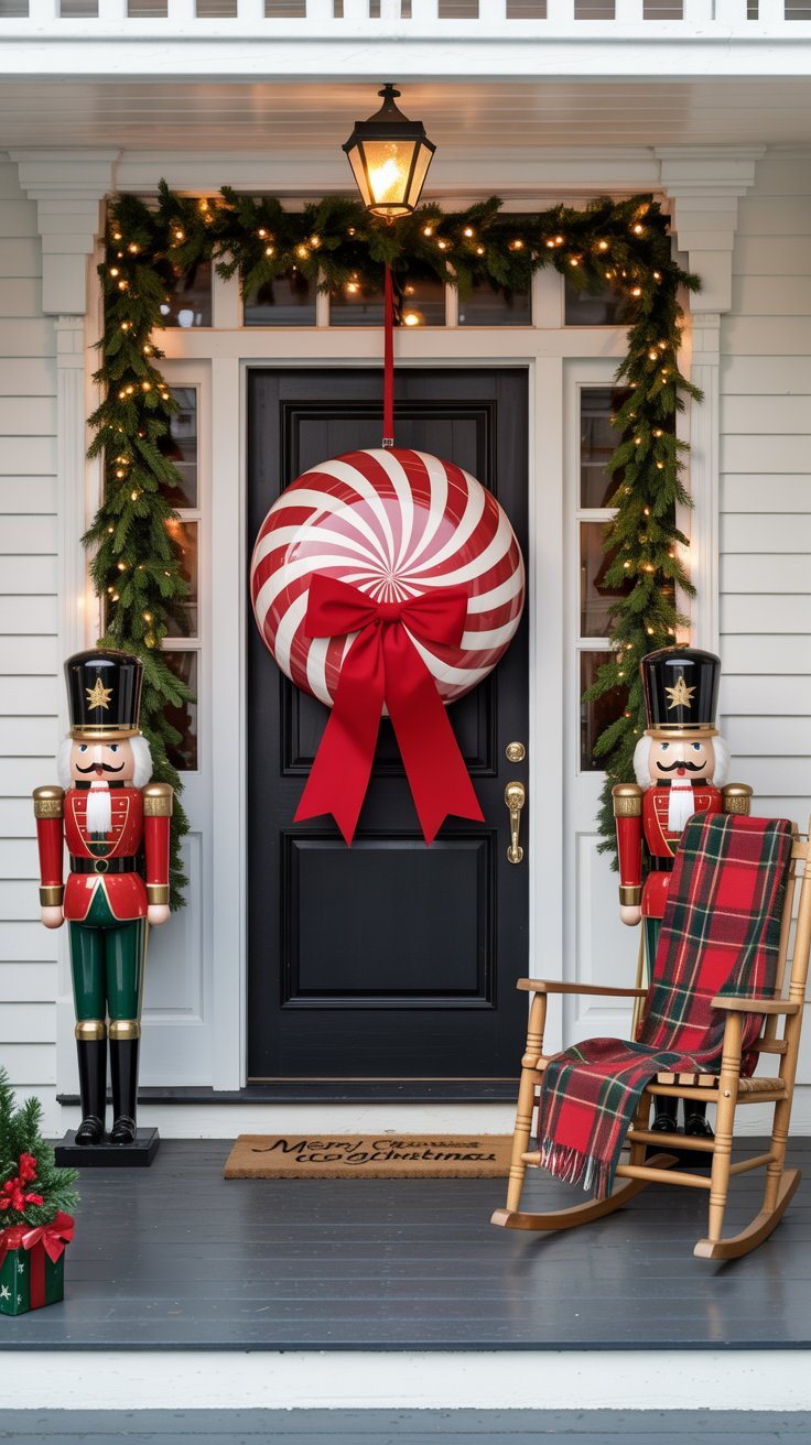 Porte d entrée noire décorée avec une couronne sucre d orge géante