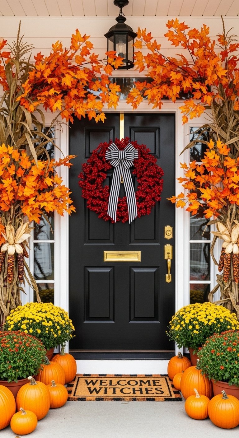 Porte noire avec une couronne de baies rouges et une guirlande orange