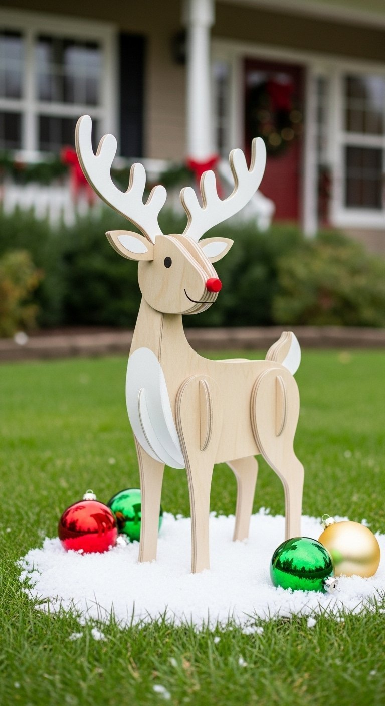 Renne de Noël en bois clair au design moderne posé sur l herbe avec des boules décoratives