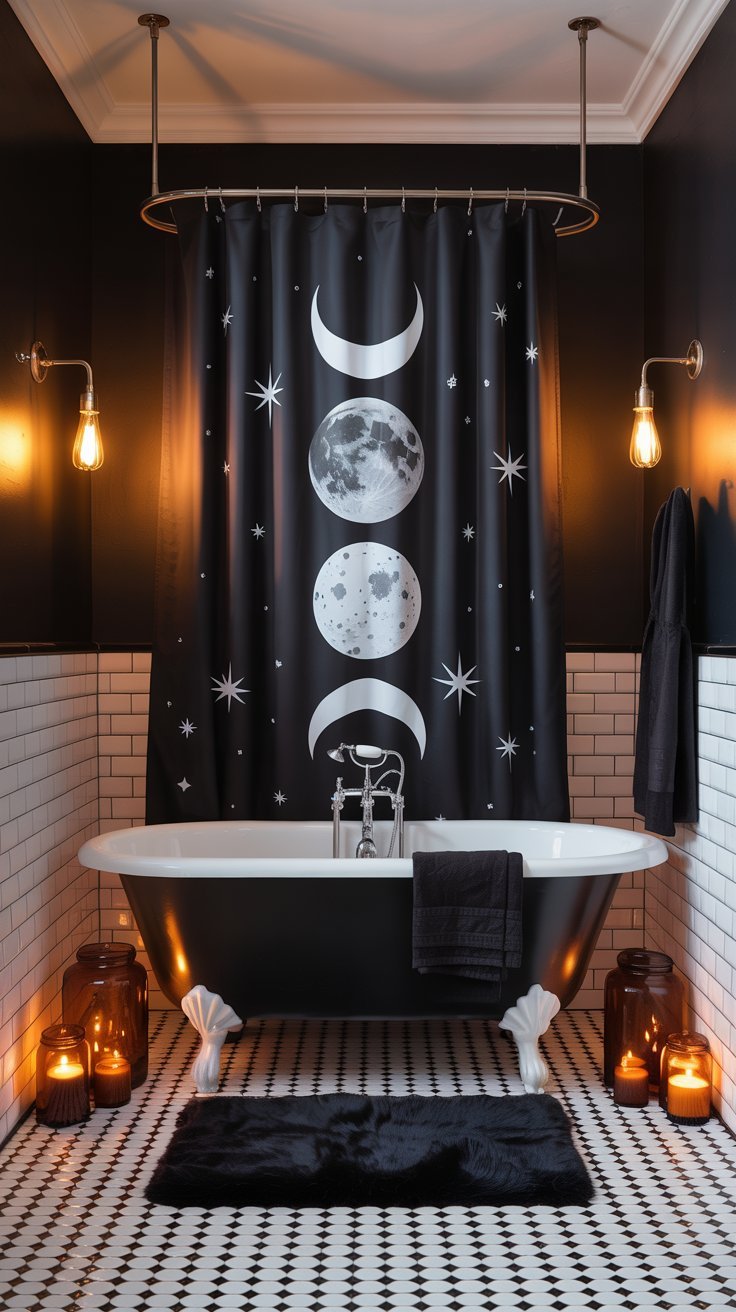 Salle de bain avec un rideau de douche noir aux phases de la lune