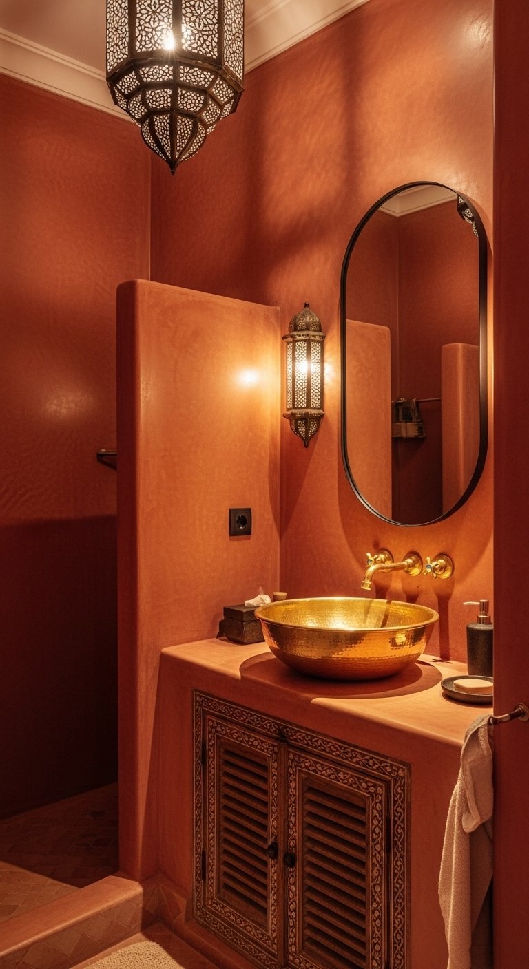 Salle de bain marocaine avec murs en tadelakt terracotta et vasque en laiton