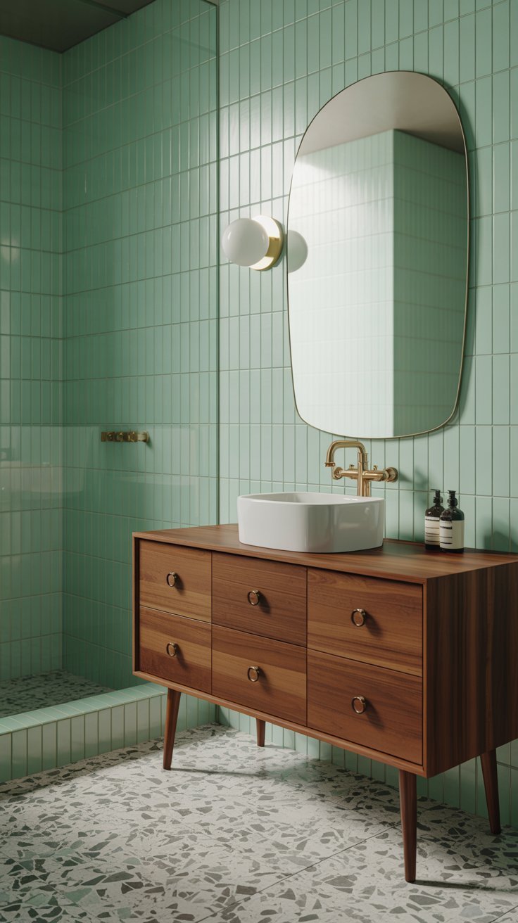 Salle de bain mid century avec carrelage vertical vert et meuble en bois