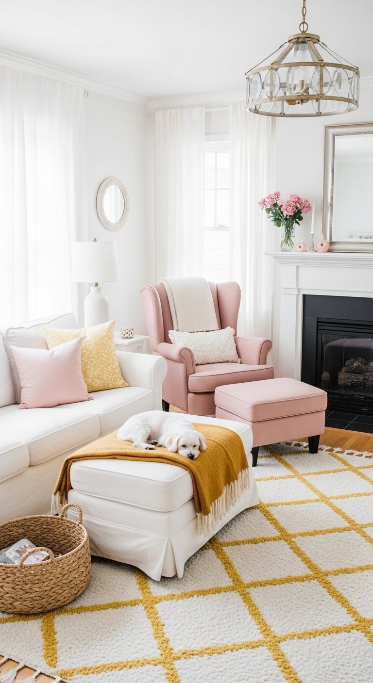 Salon blanc et rose avec fauteuil bergère et chien blanc