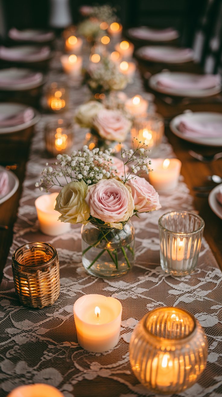 Table romantique avec chemin de table en dentelle et bouquets de roses