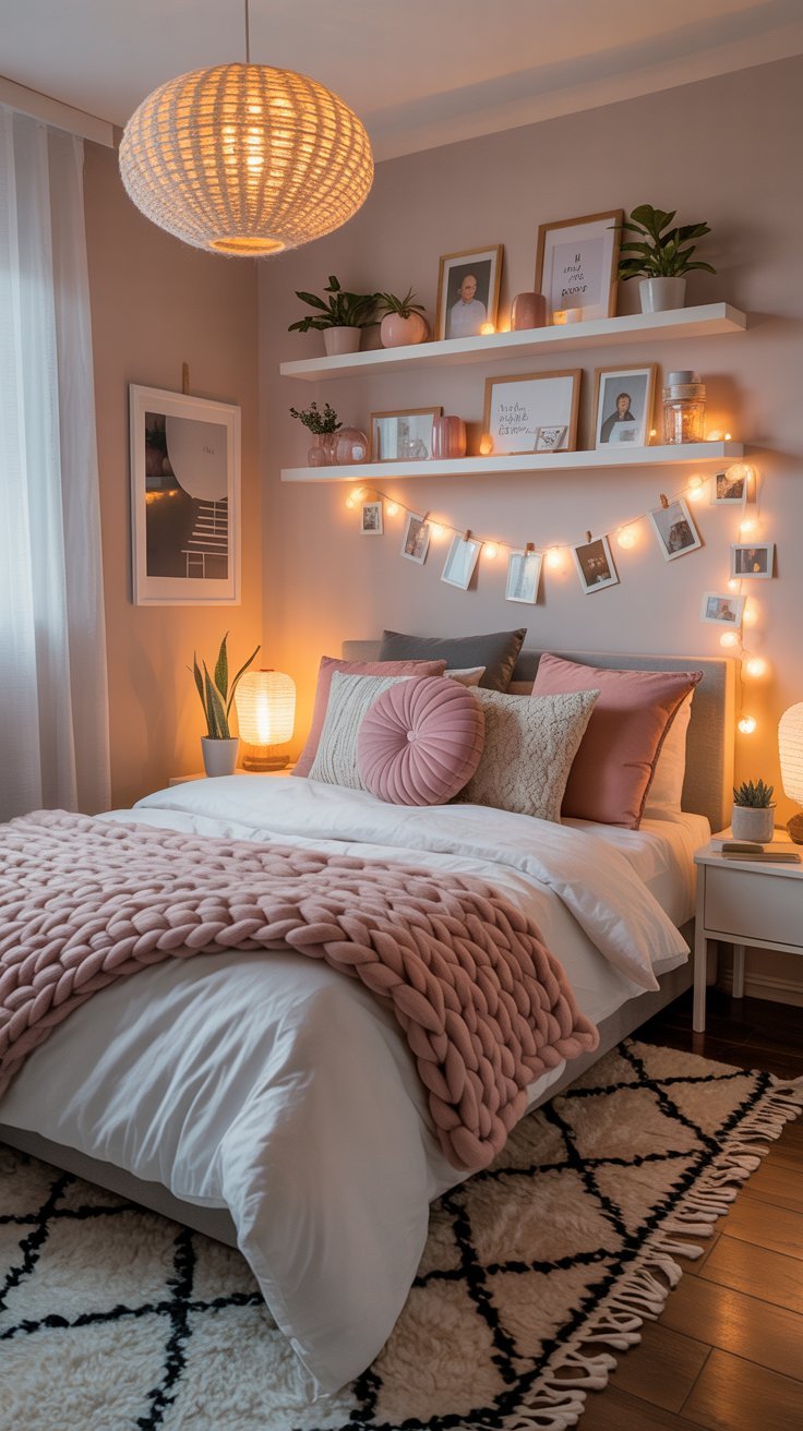Tête de lit avec étagères blanches décorées de cadres et d une guirlande