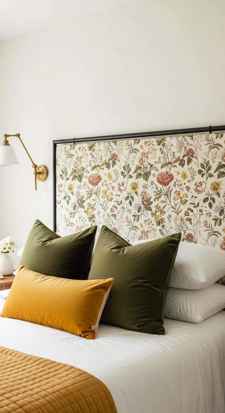 Tete de lit encadree de noir avec un tissu a motifs de fleurs vintage