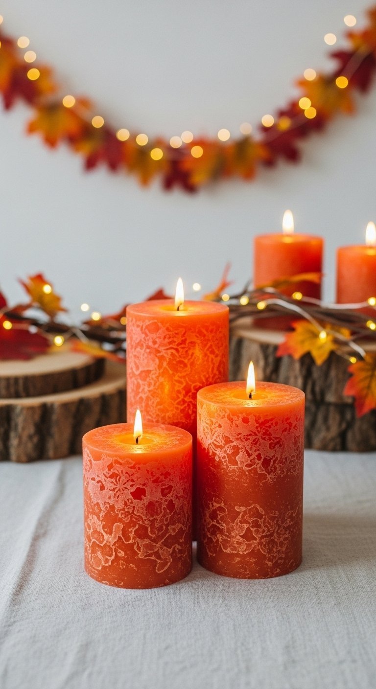 Trio de bougies piliers orange texturées devant une guirlande de feuilles