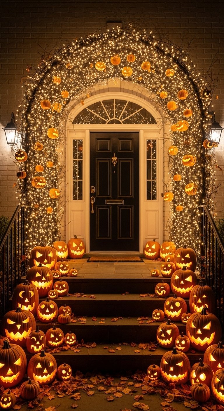Arche illuminée de guirlandes et citrouilles devant une porte