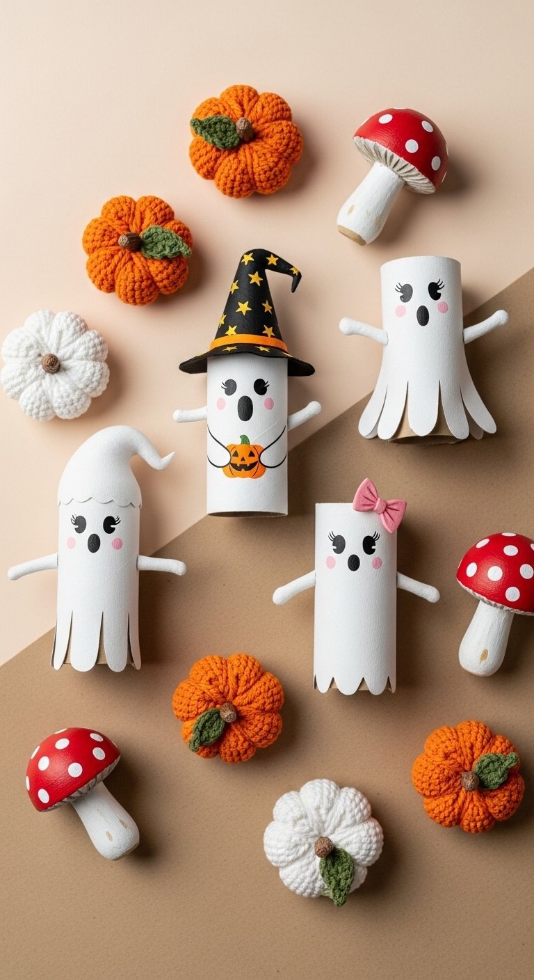 Assortiment de bricolages d Halloween avec des fantômes en rouleau de papier